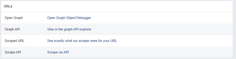 Facebook debugger links section