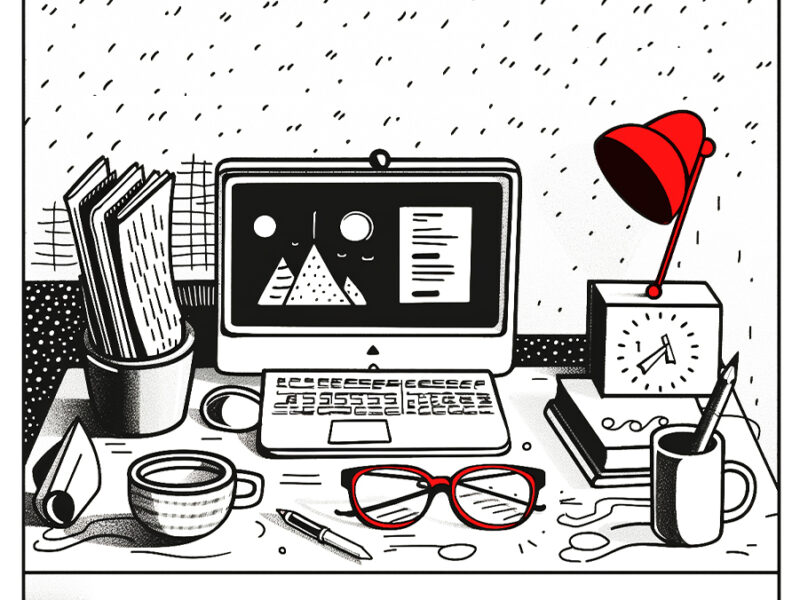 Desk, and on it a computer, a lamp, a cup, a mug, a clock and glasses