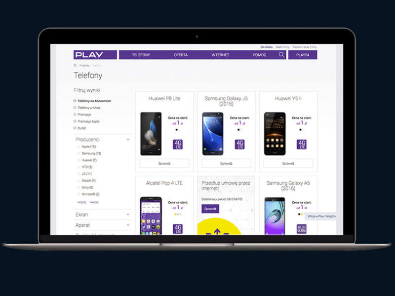 Strona internetowa Play z listą smartfonów.