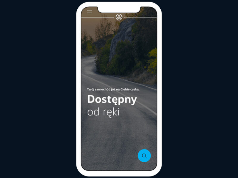 Widok landing page Volkswagen samochody dostępne od ręki na smartfonie.