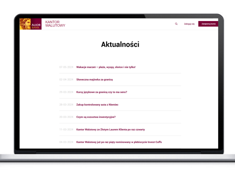 Landing page Alior Banku, sekcja aktualności, poradniki.