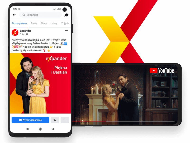 Ekrany 2 smartfonów na tle loga Expander. Na jednym wyświetlany jest jest kampanijny post na Facebooku, na drugim kampanijne video na Youtube.