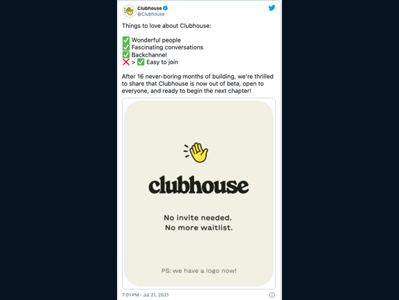 A Tweet entry announcing a new version of the Clubhouse portal available to all, regardless of the type of operating system on the smartphone.