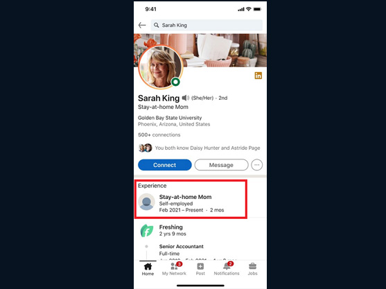 New job options on Linkedin, sample profile, mobile view.