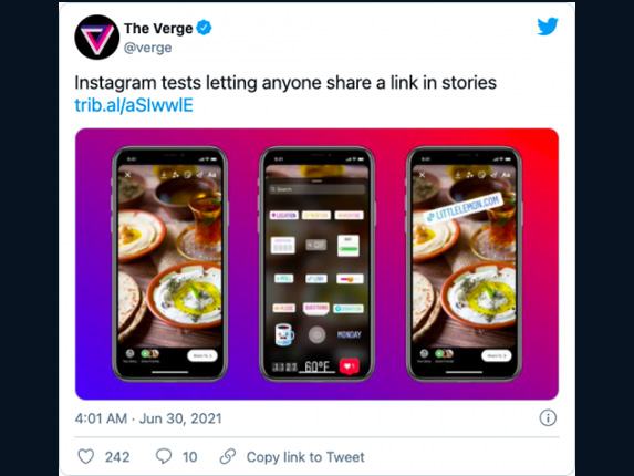 Wpis z Tweetera informujący o możliwości wstawiania w Stories, linków www w formie naklejek przez wszystkich użytkowników.