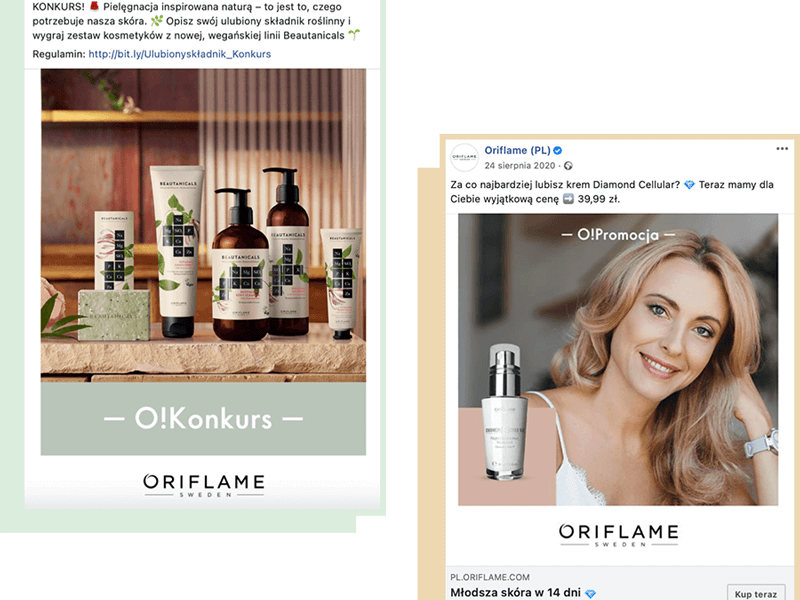 Posty marki Oriflame na facebooku, widok mobilny.