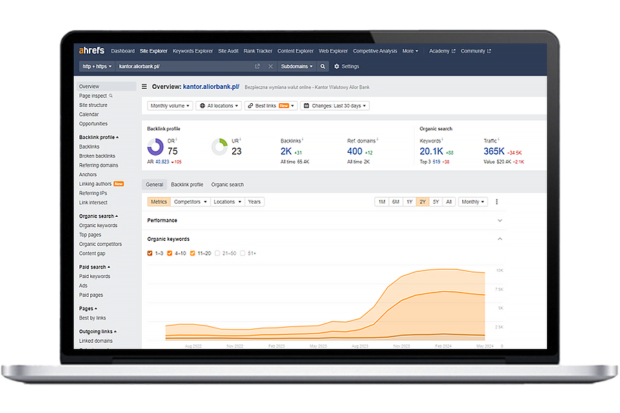 Kantor.AliorBank.pl portal on the first page of Google results according to Ahrefs tool.