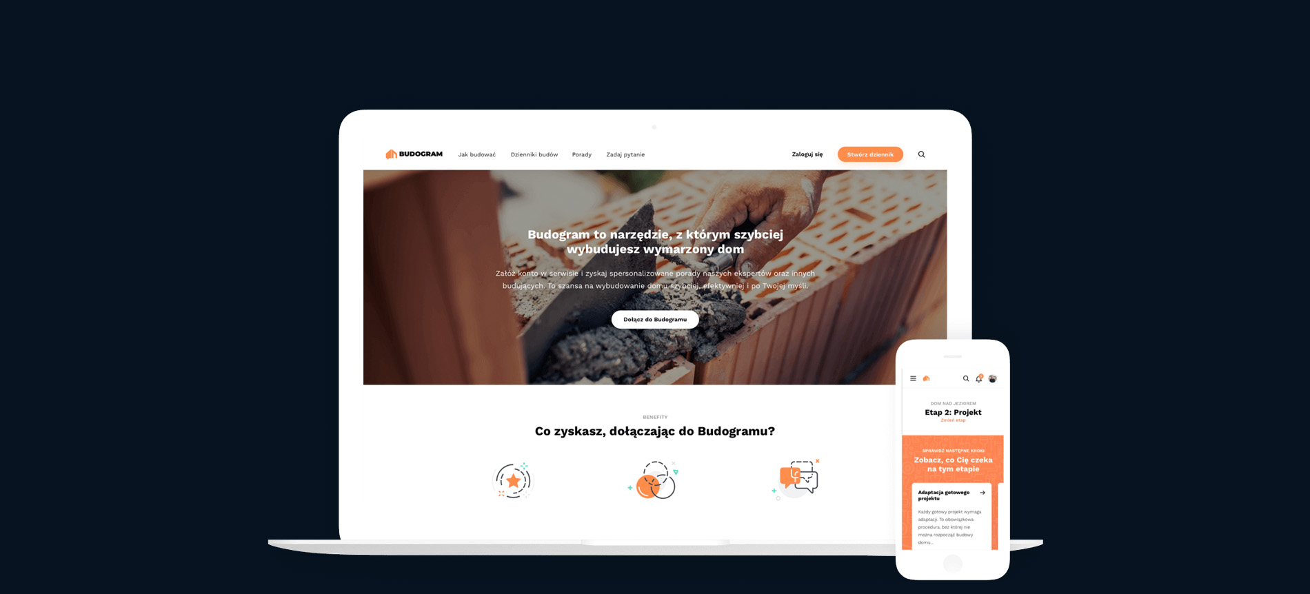 Widok landing page Budogram.pl na laptopie i smartfonie.